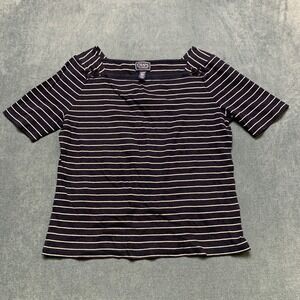 Chaps Classics Shirt Women XL Blue White Striped Cotton Square Neck Short Sleeve